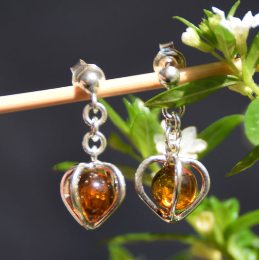 Cognac-colored natural amber heart drop earrings in 925 sterling silver, MJ Baltica, BK201