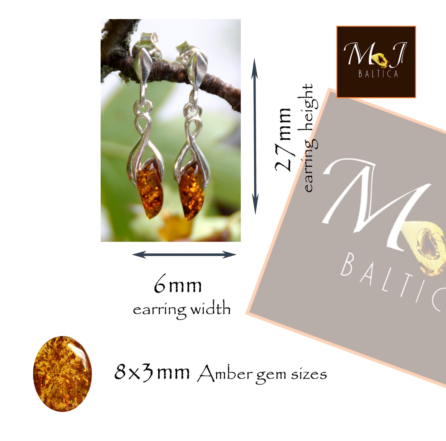 Delicati orecchini pendenti con Ambra naturale color cognac e Argento 925, MJ Baltica, BK202