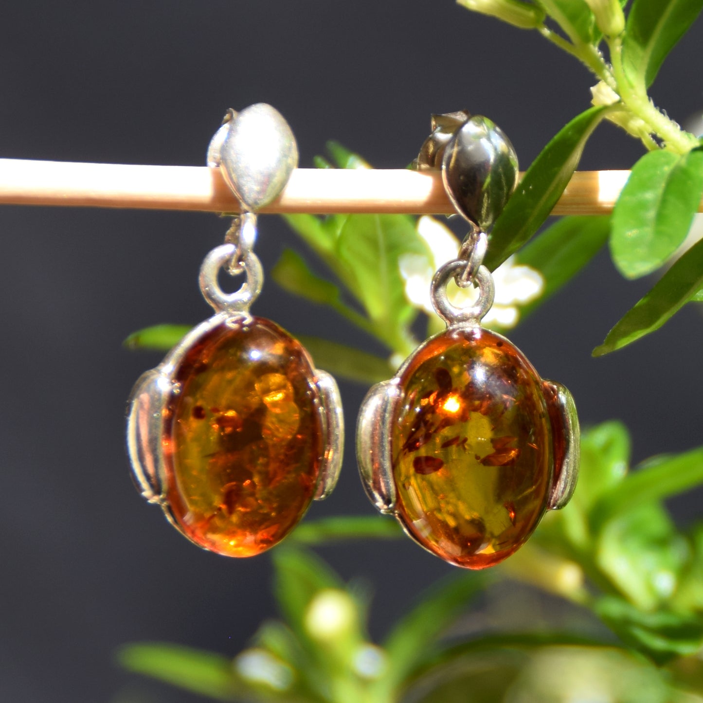Classici orecchini pendenti con Ambra naturale color cognac e Argento 925, MJ Baltica, BK204