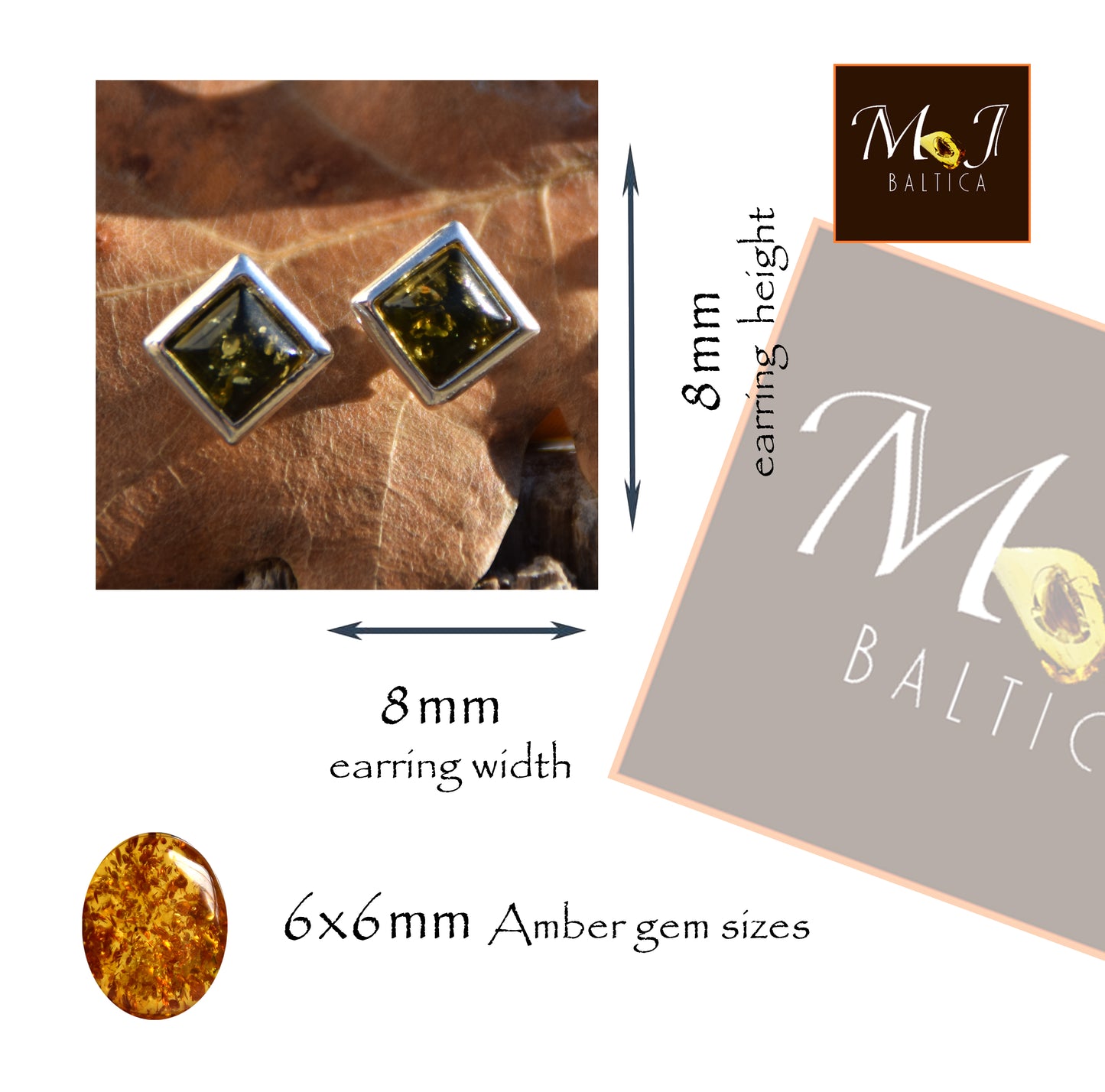 Essenziali orecchini quadrati creati con Ambra naturale di color verde e Argento 925, MJ Baltica, BK205