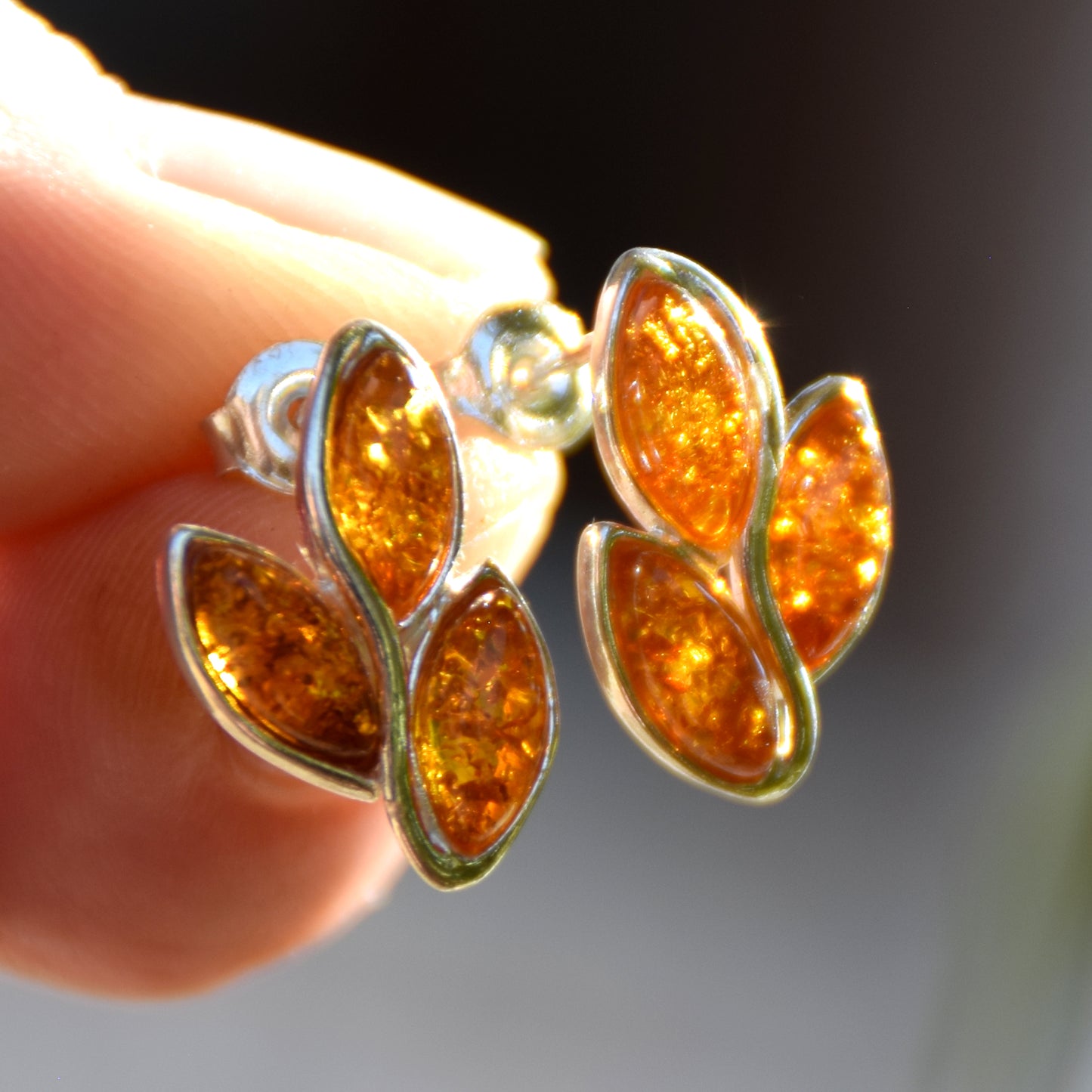 Baltic Amber leaf earrings, 925 Silver, leaves, stud, handmade, BK206