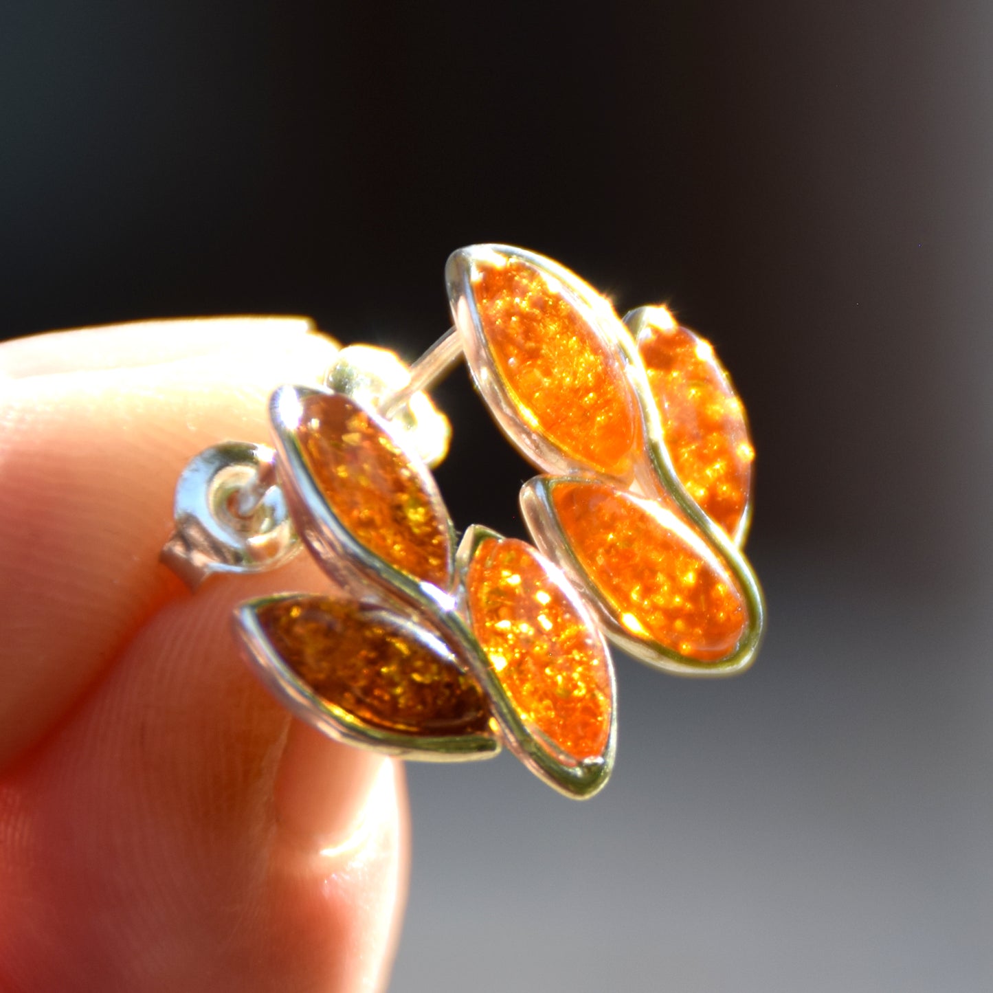 Baltic Amber leaf earrings, 925 Silver, leaves, stud, handmade, BK206