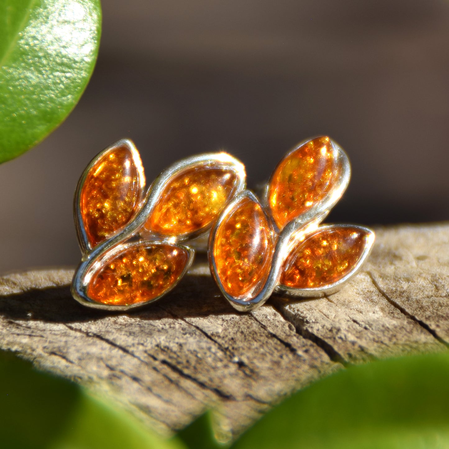 Baltic Amber leaf earrings, 925 Silver, leaves, stud, handmade, BK206