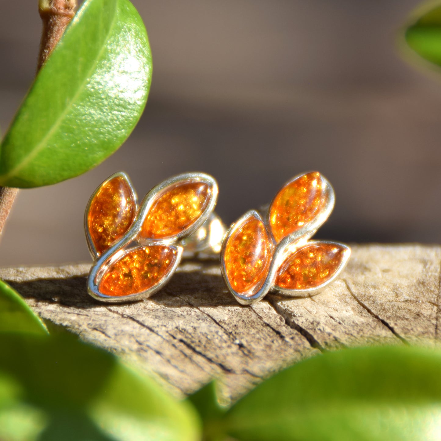 Baltic Amber leaf earrings, 925 Silver, leaves, stud, handmade, BK206