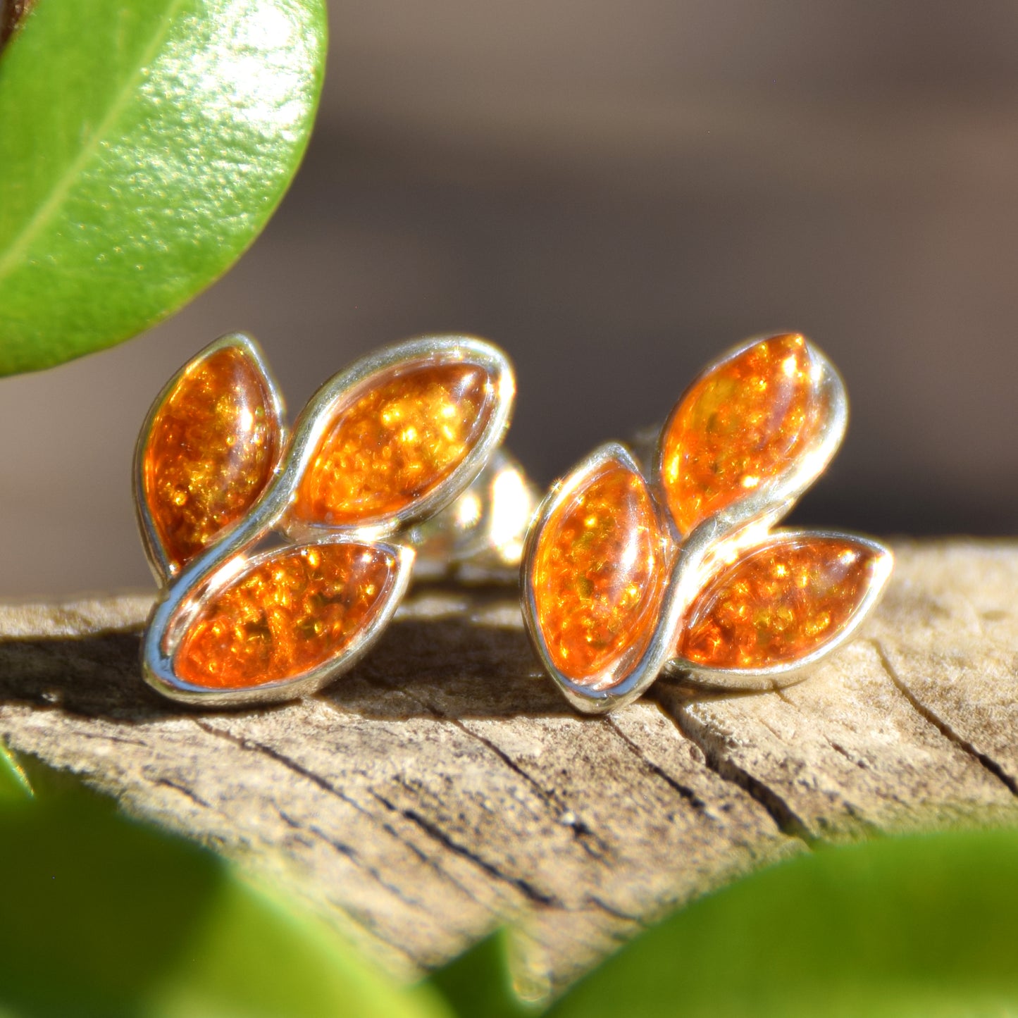 Baltic Amber leaf earrings, 925 Silver, leaves, stud, handmade, BK206