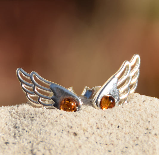 Wing-shaped stud earrings with natural cognac amber and 925 sterling silver, MJ Baltica, BK207
