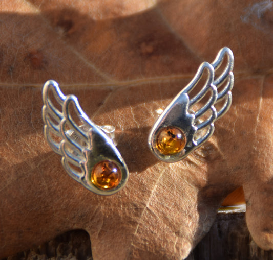 MJ Baltica, orecchini, Ambra naturale Baltica, Argento 925, boccino, ali, a lobo, artigianale, BK207