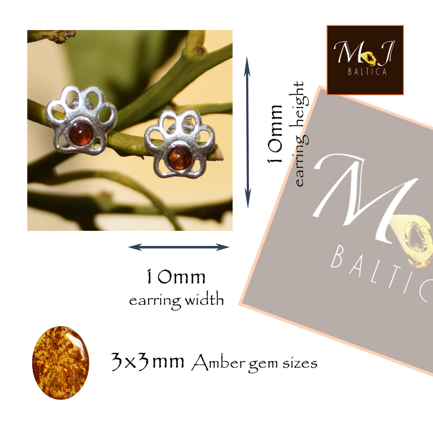 Delicate earrings with paw print in cognac-colored natural amber and 925 sterling silver, MJ Baltica, BK208
