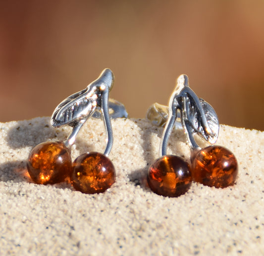 Cherry stud earrings with natural cognac amber and 925 sterling silver, MJ Baltica, BK209