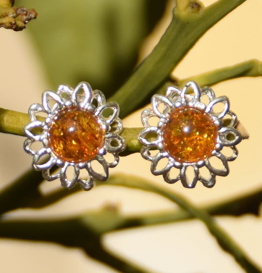 MJ Baltica, orecchini, Ambra naturale Baltica, Argento 925, fiore, a lobo, artigianale, BK210