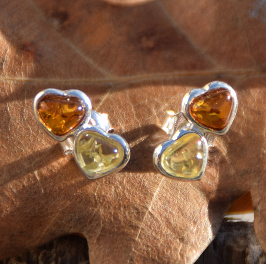 MJ Baltica, orecchini a lobo, cuore doppio, Ambra naturale Baltica, Argento 925, artigianale BK211