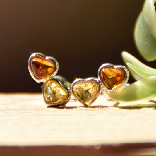Earrings with two hearts created with natural cognac and gold Amber and 925 Silver, MJ Baltica, BK211