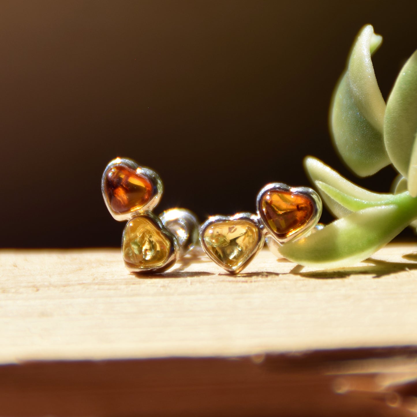 Earrings with two hearts created with natural cognac and gold Amber and 925 Silver, MJ Baltica, BK211