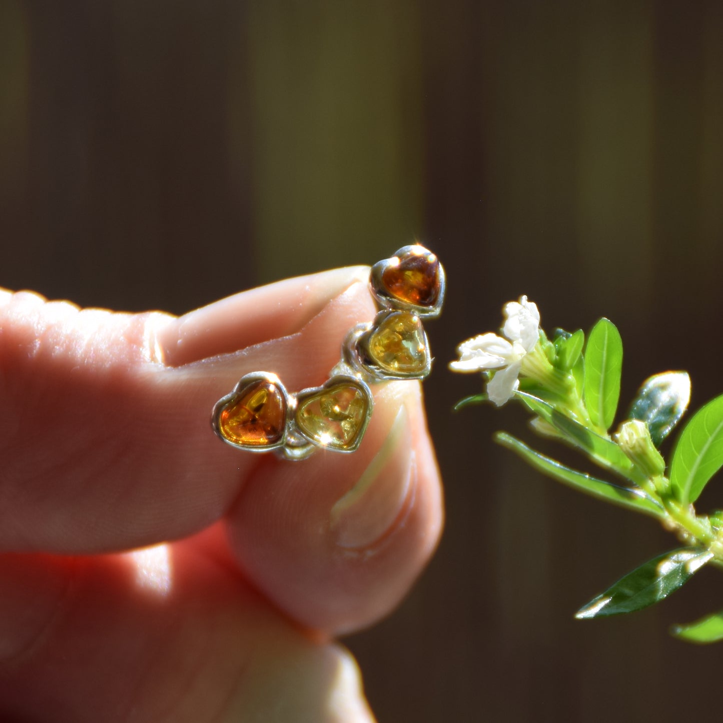 Earrings with two hearts created with natural cognac and gold Amber and 925 Silver, MJ Baltica, BK211