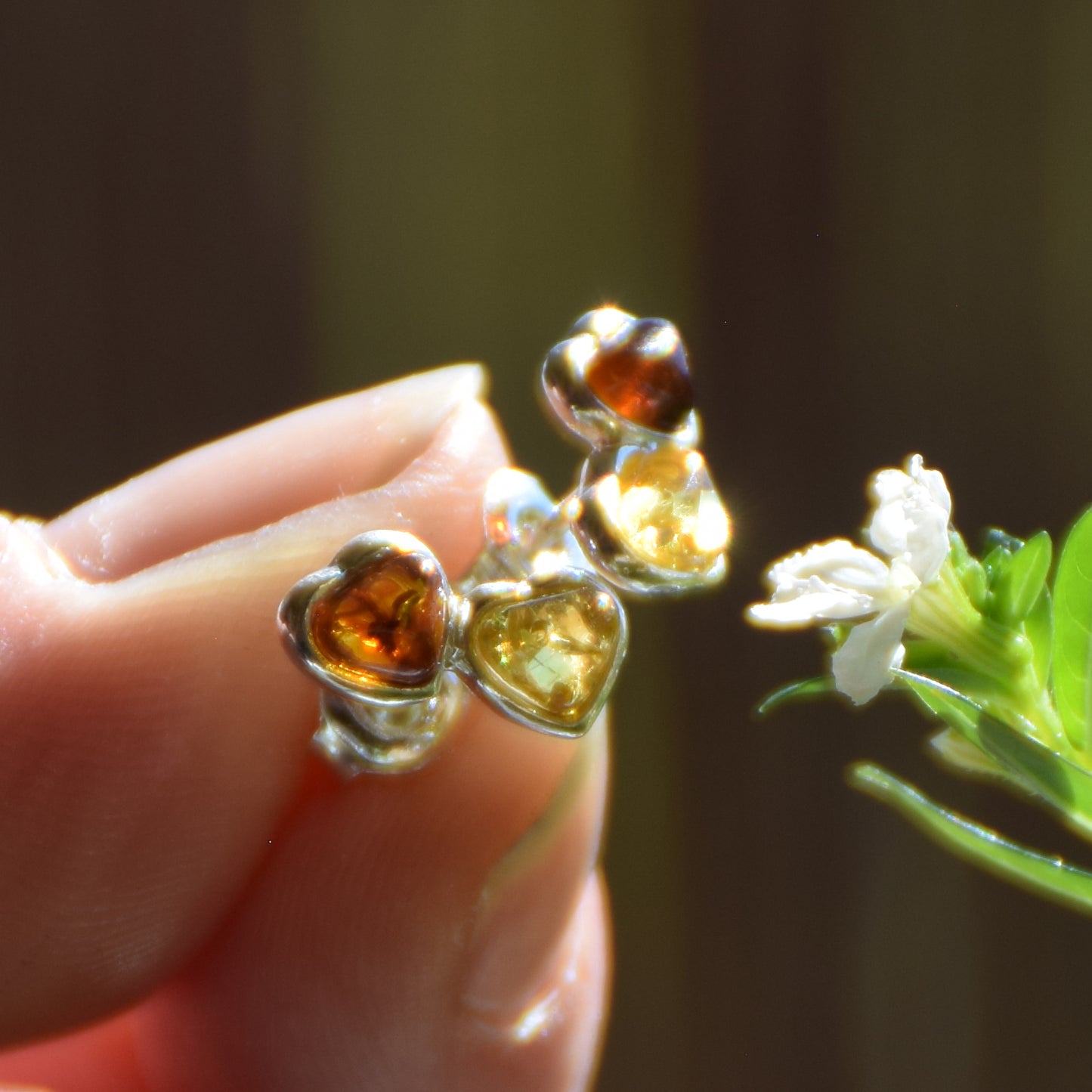 Earrings with two hearts created with natural cognac and gold Amber and 925 Silver, MJ Baltica, BK211