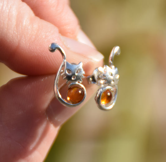 MJ Baltica, earrings, Baltic natural amber, 925 silver, cat, handmade, BK213