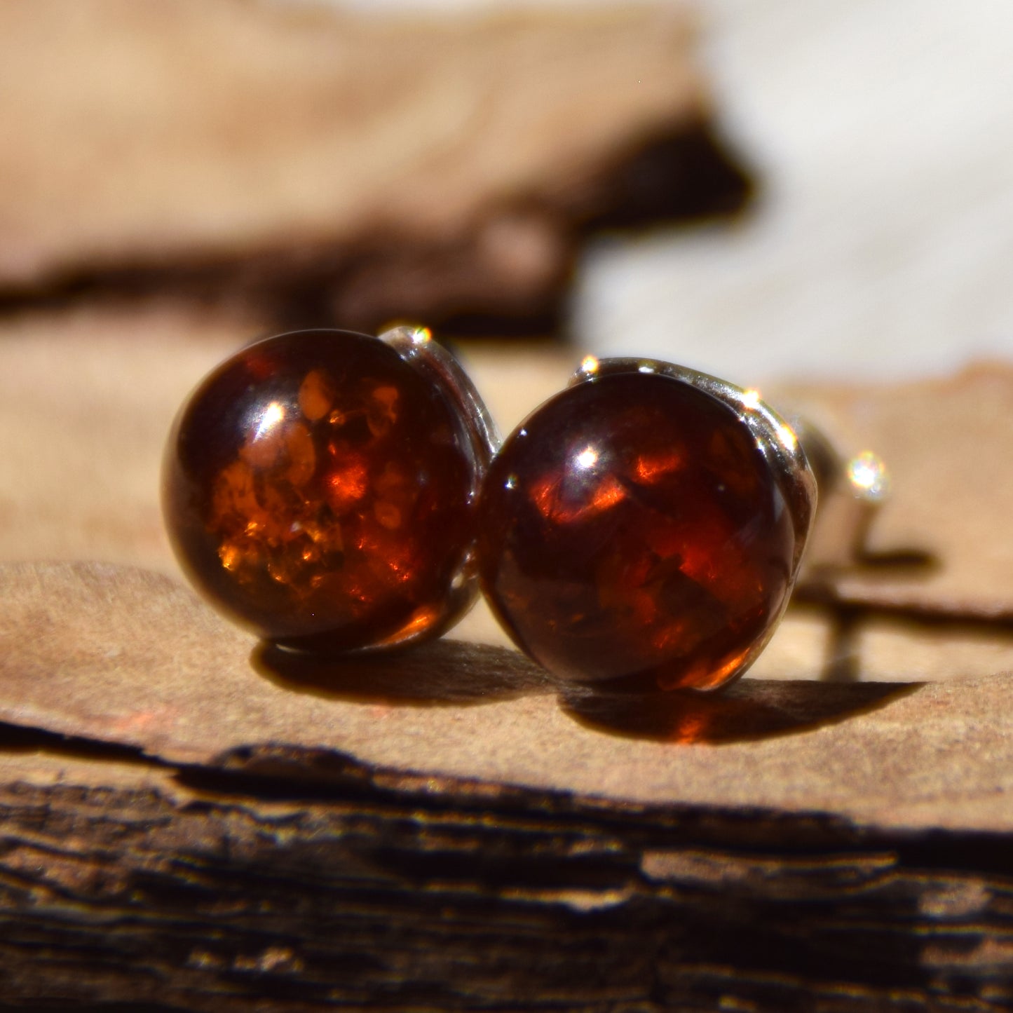 Brown natural Amber sphere and 925 Silver earrings, MJ Baltica, BK215