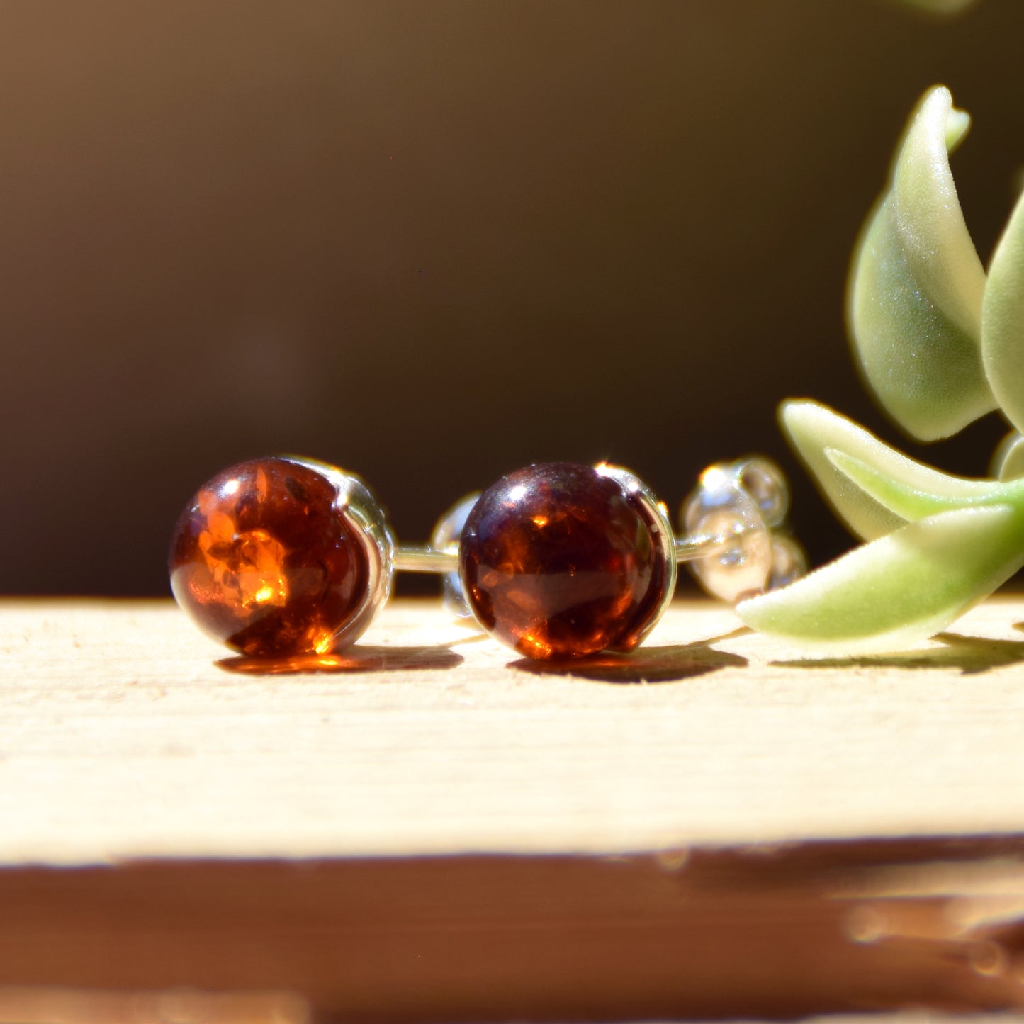 Brown natural Amber sphere and 925 Silver earrings, MJ Baltica, BK215