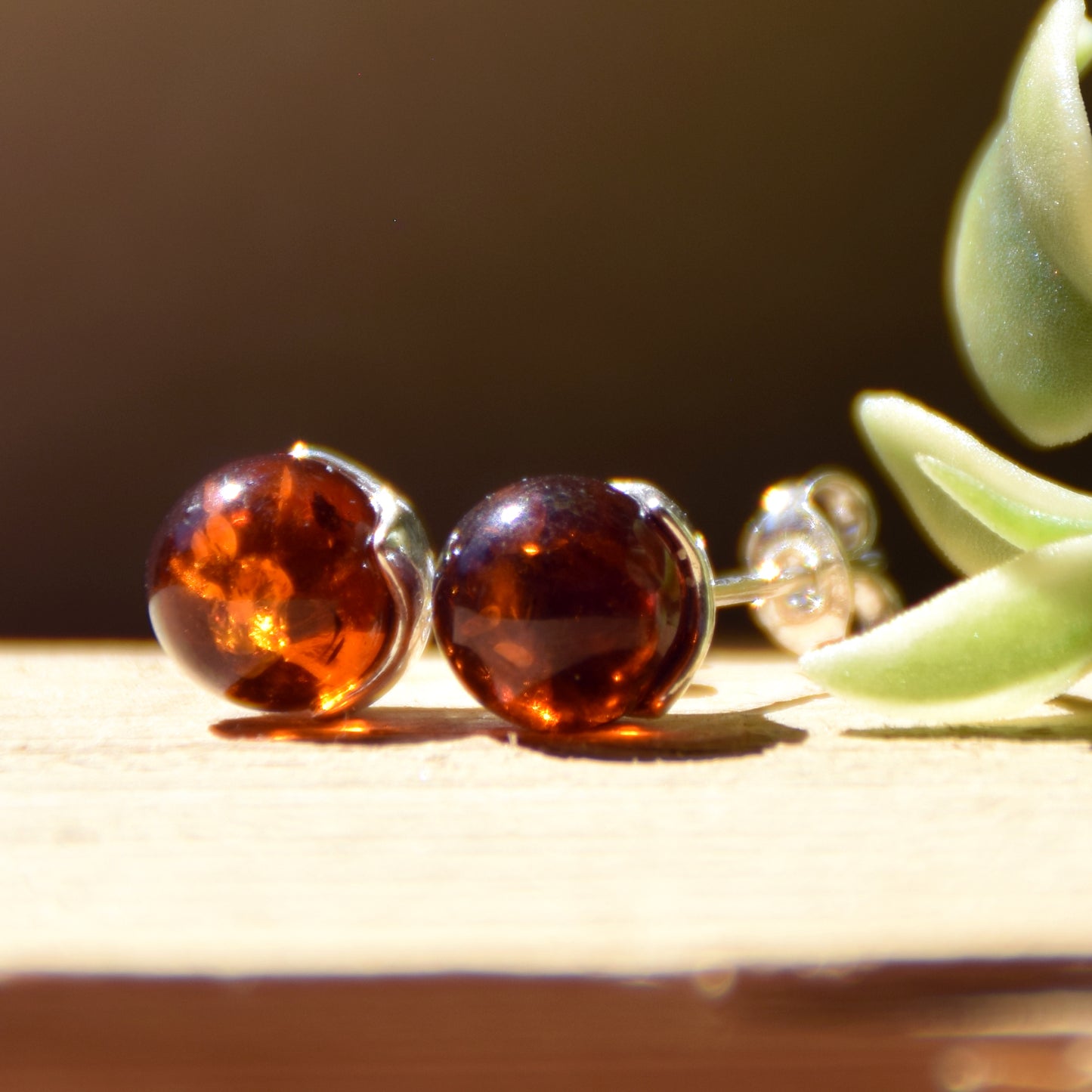 Brown natural Amber sphere and 925 Silver earrings, MJ Baltica, BK215