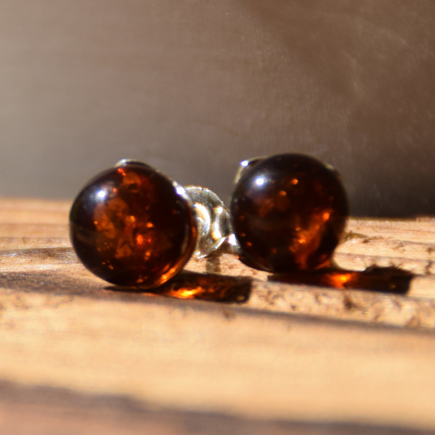 Brown natural Amber sphere and 925 Silver earrings, MJ Baltica, BK215