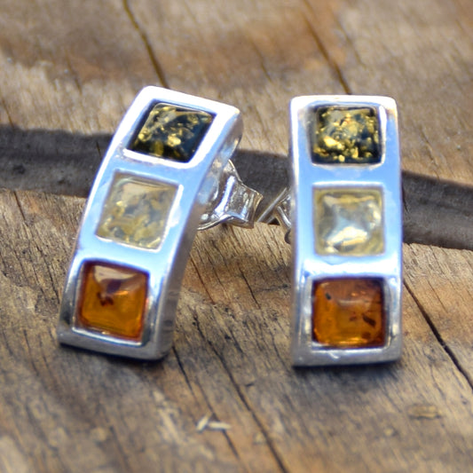 Semi-hoop stud earrings crafted with natural Amber in various shades and 925 Silver, MJ Baltica, BK216