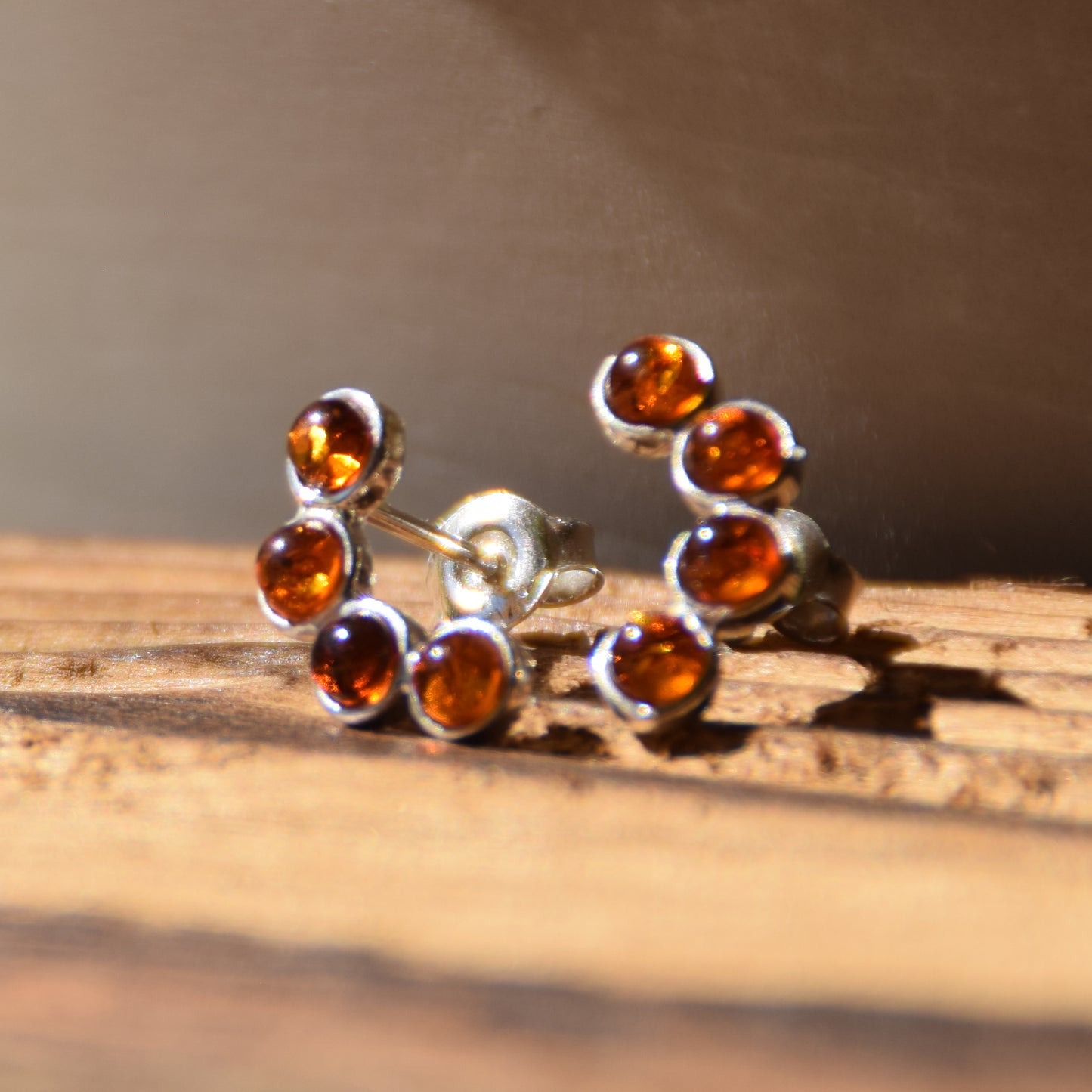 Light stud earrings made with cognac-colored natural Amber and 925 Silver, MJ Baltica, BK217