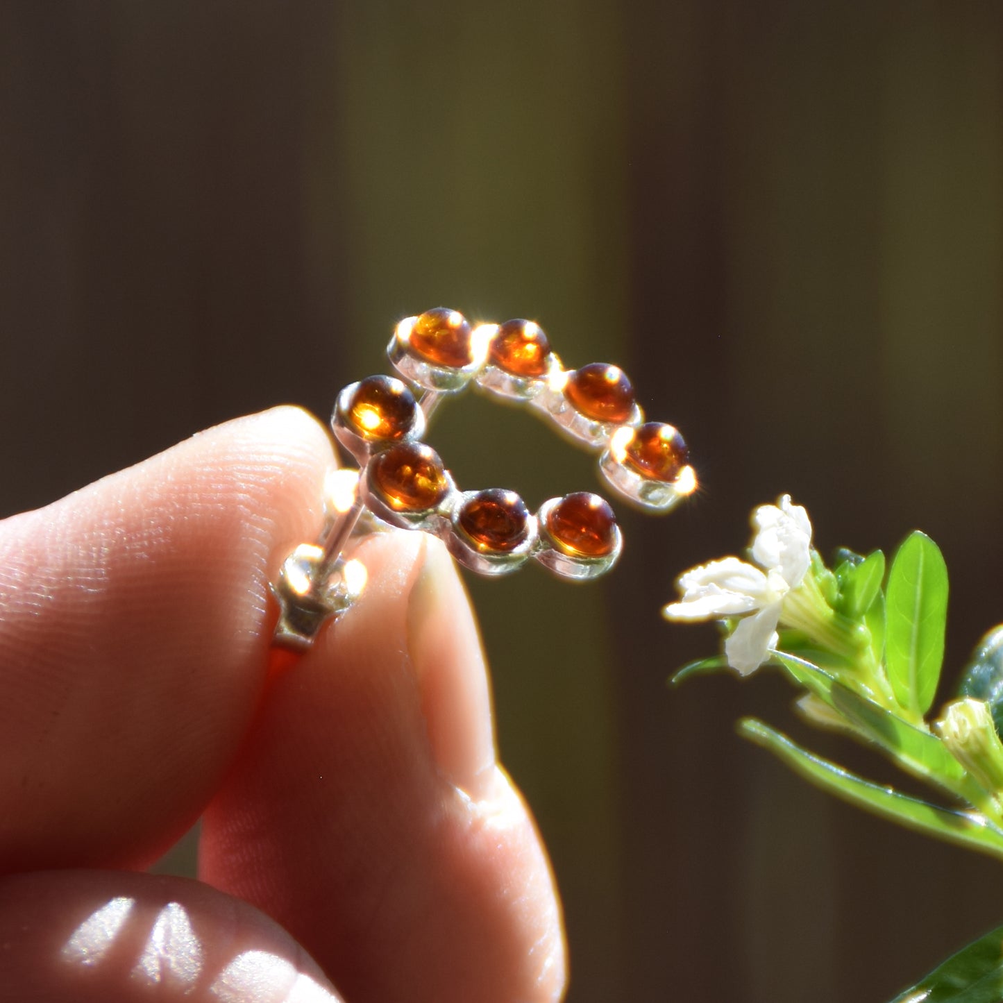Light stud earrings made with cognac-colored natural Amber and 925 Silver, MJ Baltica, BK217