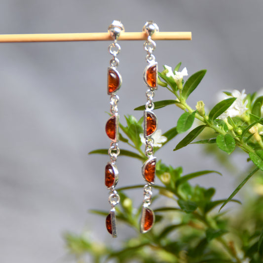 Long dangle chain earrings made with cognac natural amber and 925 sterling silver, MJ Baltica, BK221