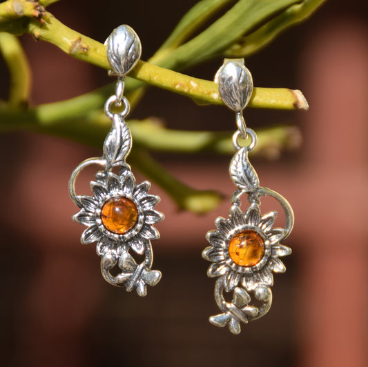 MJ Baltica, orecchini, Ambra naturale Baltica, Argento 925, pendenti, vintage, fiori, BK222