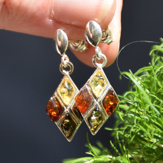 MJ Baltica, Stud Earrings, Natural Amber, 925 Silver, Elegant, Bright, Multicolor, BK223