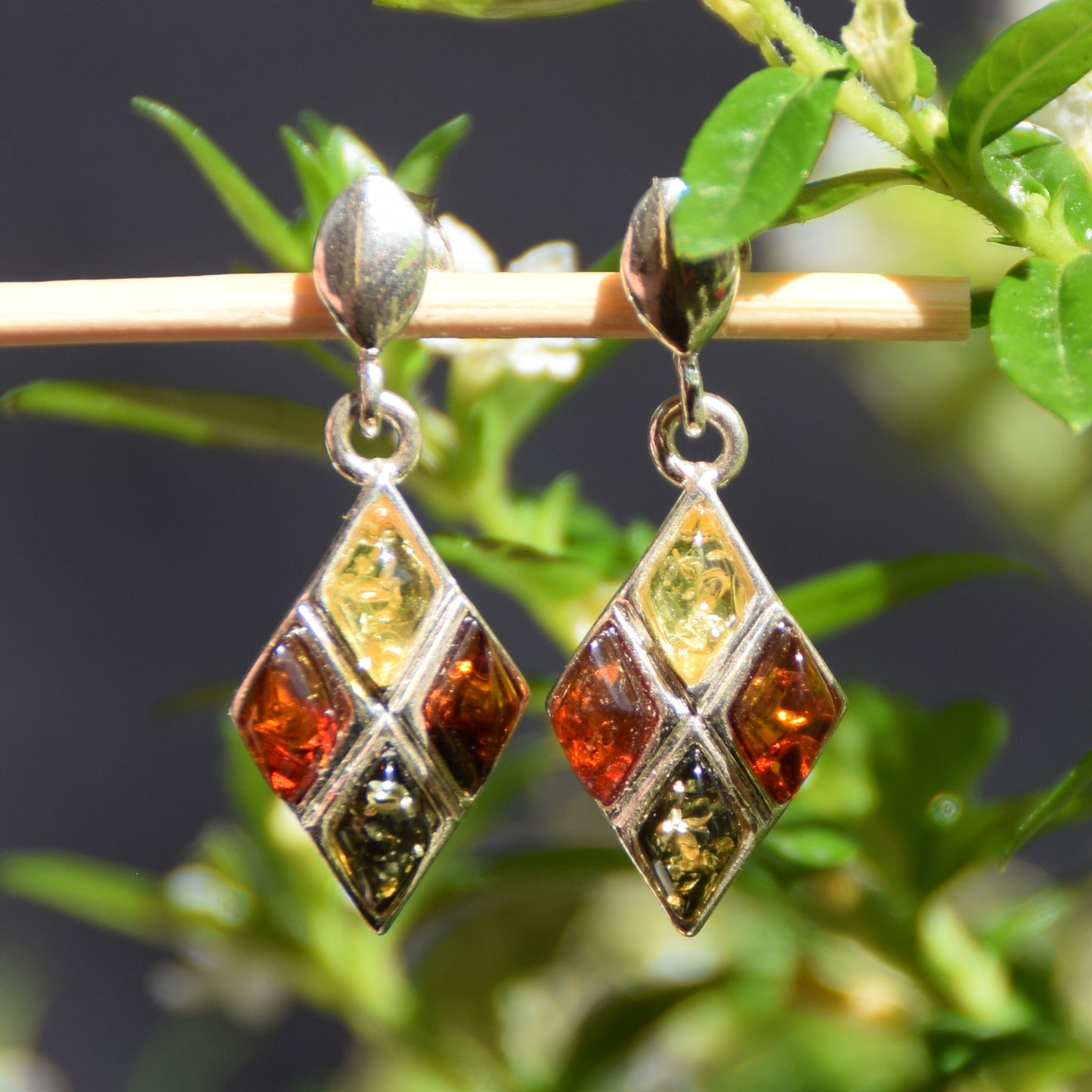 MJ Baltica, Stud Earrings, Natural Amber, 925 Silver, Elegant, Bright, Multicolor, BK223