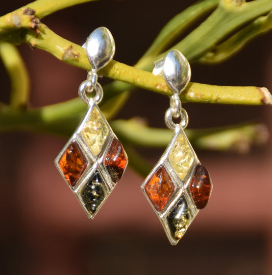 MJ Baltica, Stud Earrings, Natural Amber, 925 Silver, Elegant, Bright, Multicolor, BK223