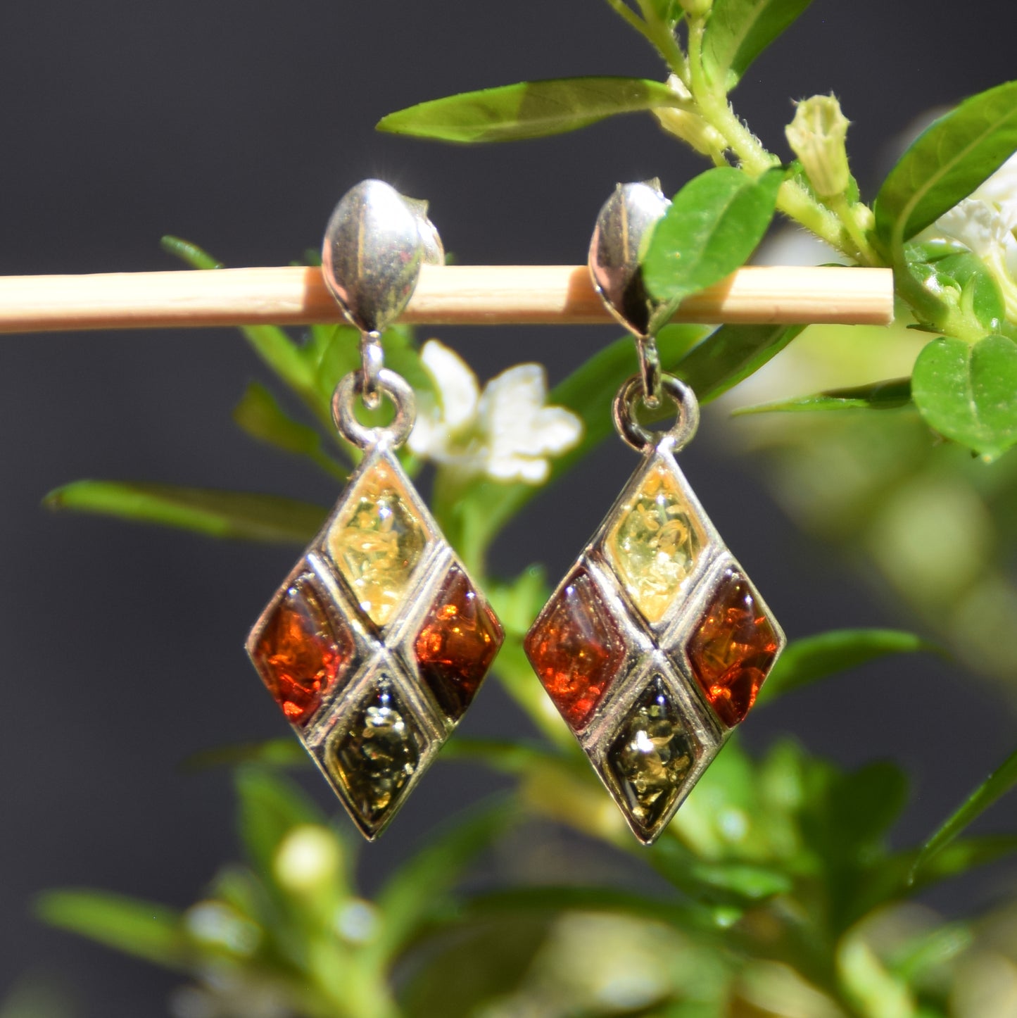 MJ Baltica, Stud Earrings, Natural Amber, 925 Silver, Elegant, Bright, Multicolor, BK223