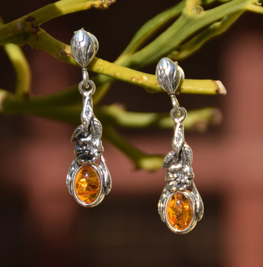 MJ Baltica, orecchini, Ambra naturale Baltica, Argento 925, pendenti, vintage, fiori, BK224