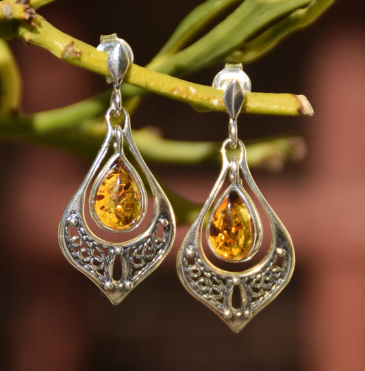 Classic oriental style dangle earrings with cognac natural amber drop and 925 Silver, MJ Baltica, BK228