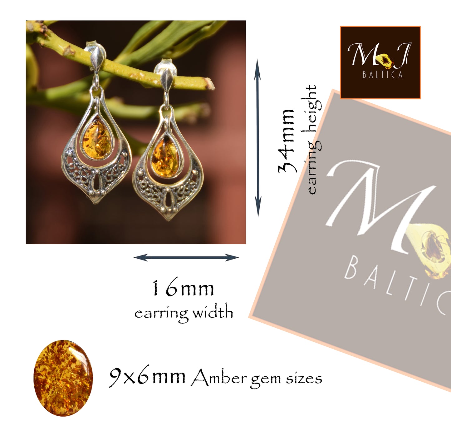 Classici orecchini pendenti di stile orientale con goccia di Ambra naturale color cognac e Argento 925, MJ Baltica, BK228