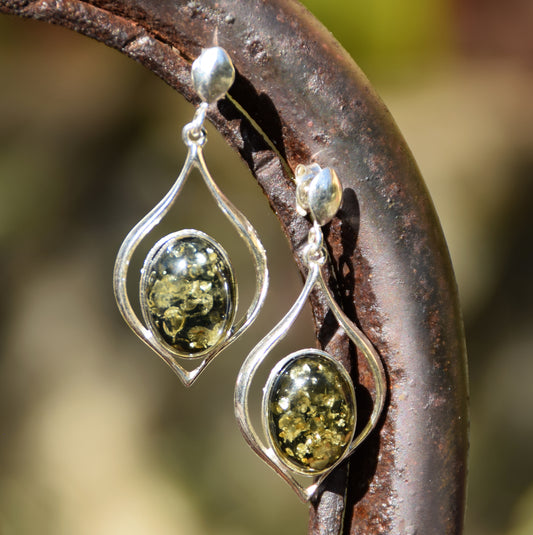 MJ Baltica, orecchini, Ambra naturale Baltica, Argento 925, pendente, artigianale, ambra verde, BK229