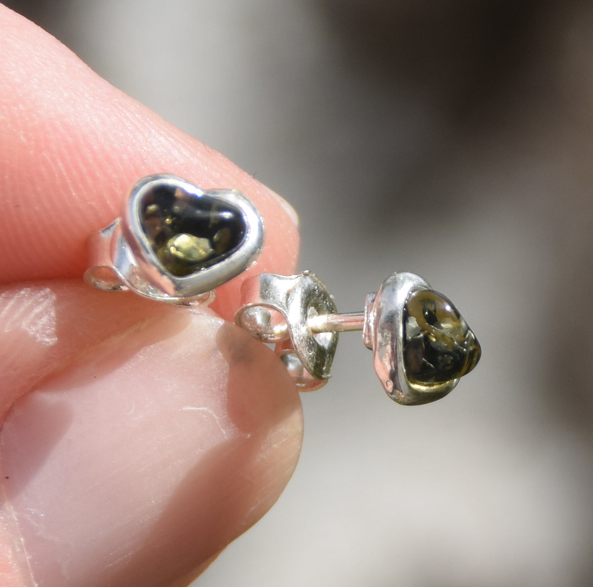 Romantic heart-shaped stud earrings with natural green Amber and Sterling Silver 925, MJ Baltica, BK231