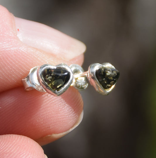 Romantic heart-shaped stud earrings with natural green Amber and Sterling Silver 925, MJ Baltica, BK231