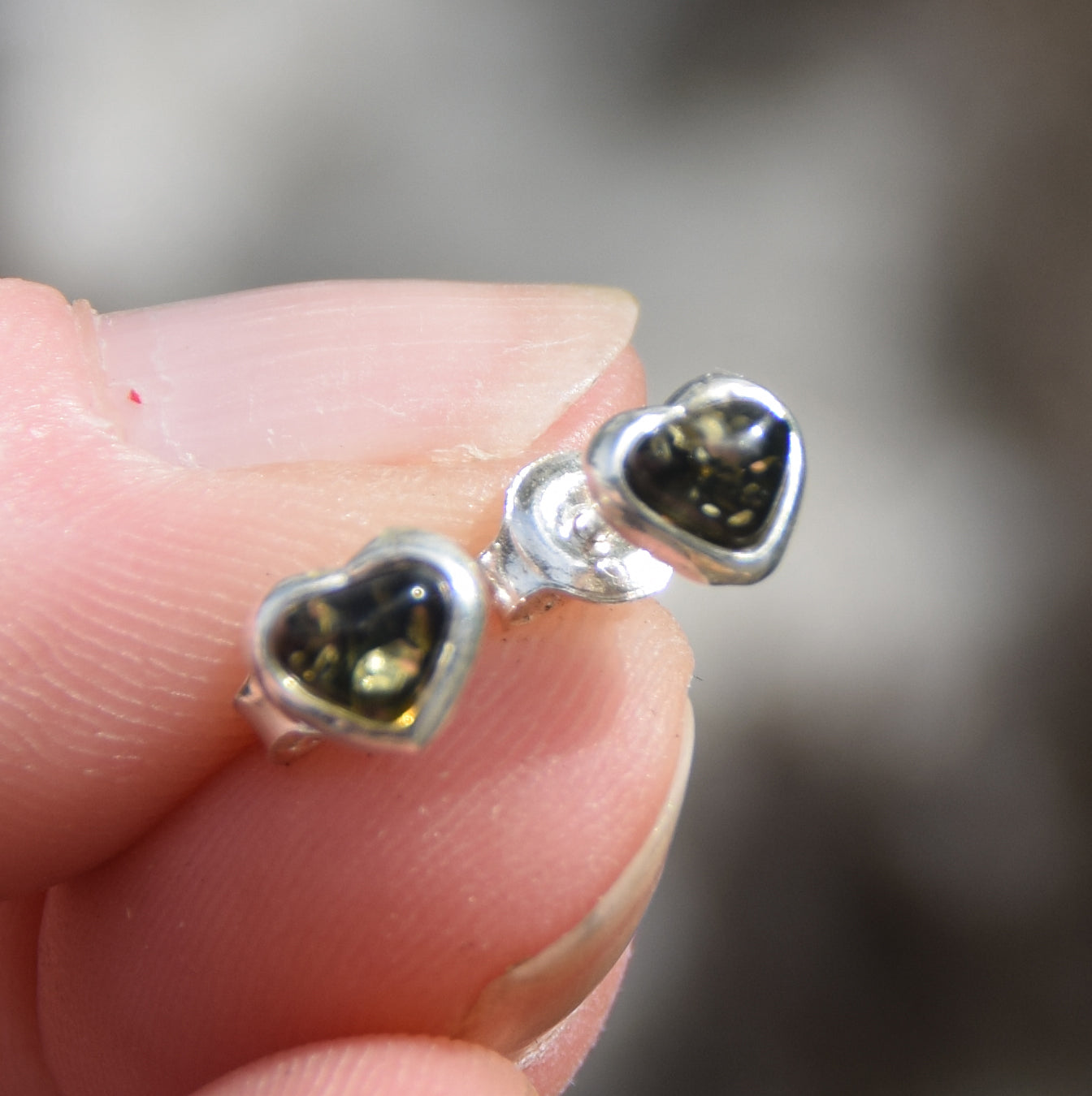 Romantic heart-shaped stud earrings with natural green Amber and Sterling Silver 925, MJ Baltica, BK231