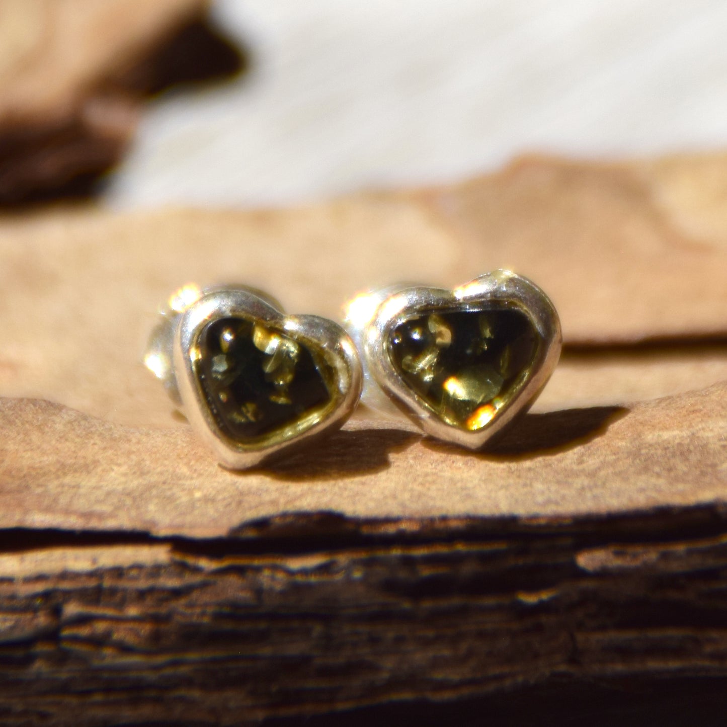 Romantic heart-shaped stud earrings with natural green Amber and Sterling Silver 925, MJ Baltica, BK231