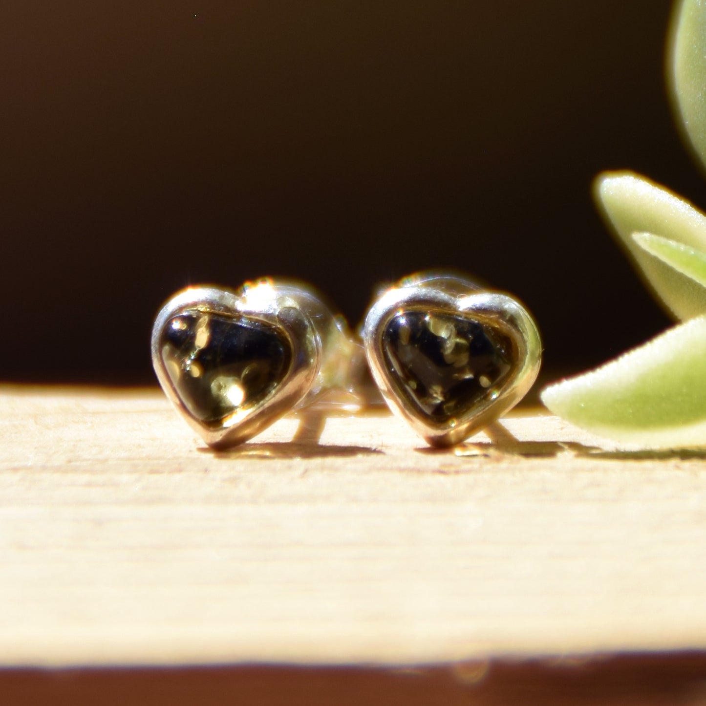 Romantic heart-shaped stud earrings with natural green Amber and Sterling Silver 925, MJ Baltica, BK231