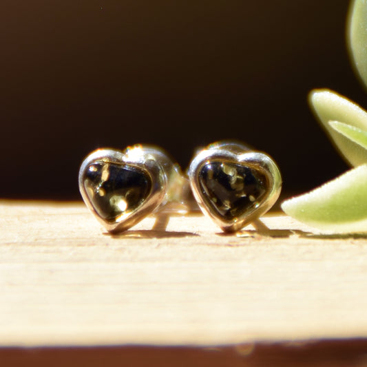 Romantic heart-shaped stud earrings with natural green Amber and Sterling Silver 925, MJ Baltica, BK231