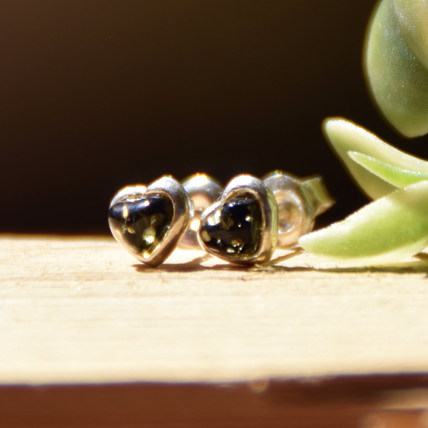 Romantic heart-shaped stud earrings with natural green Amber and Sterling Silver 925, MJ Baltica, BK231