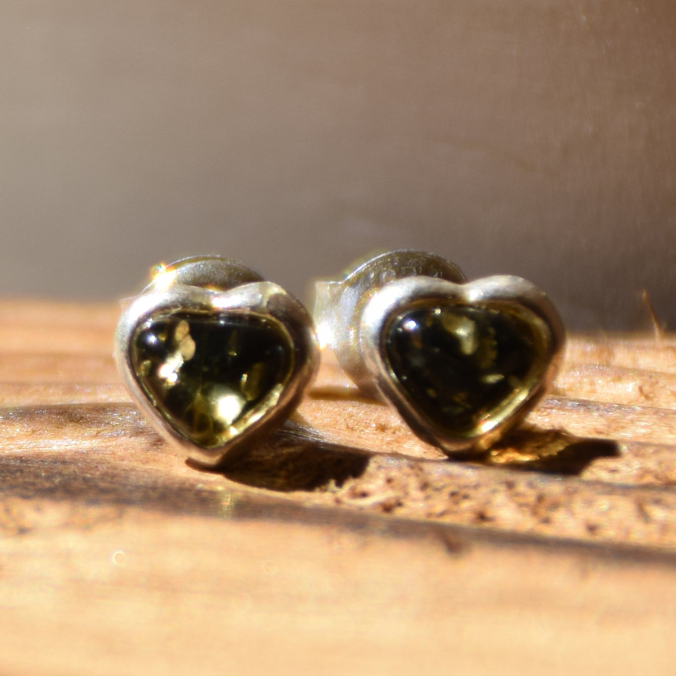 Romantic heart-shaped stud earrings with natural green Amber and Sterling Silver 925, MJ Baltica, BK231
