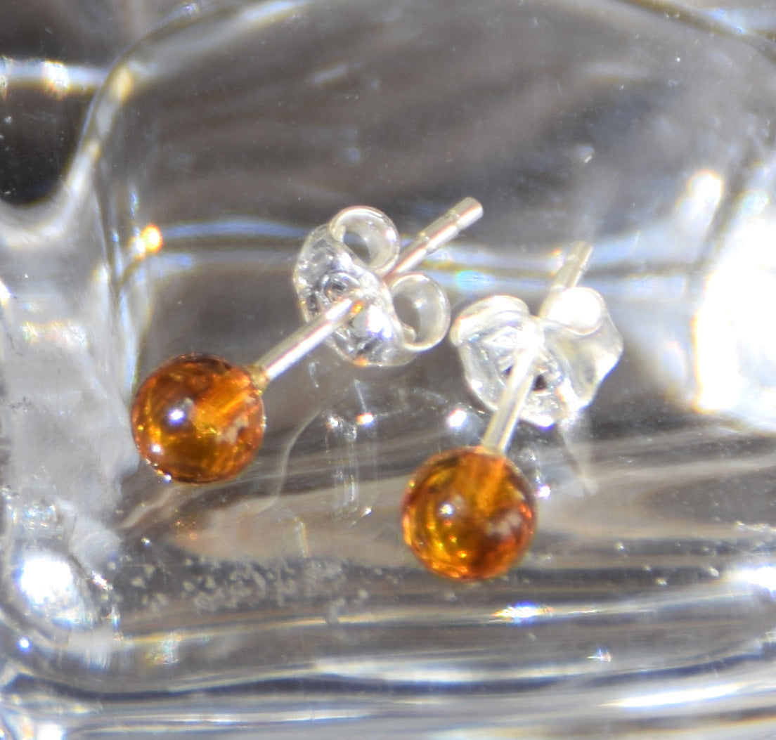 Essential earrings created with natural cognac-colored Amber spheres and 925 Silver, MJ Baltica, BK234