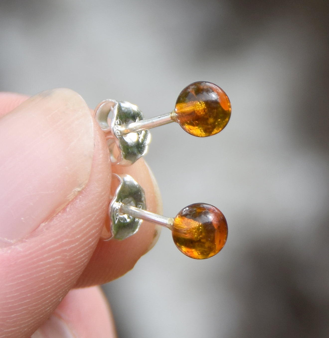 Essential earrings created with natural cognac-colored Amber spheres and 925 Silver, MJ Baltica, BK234