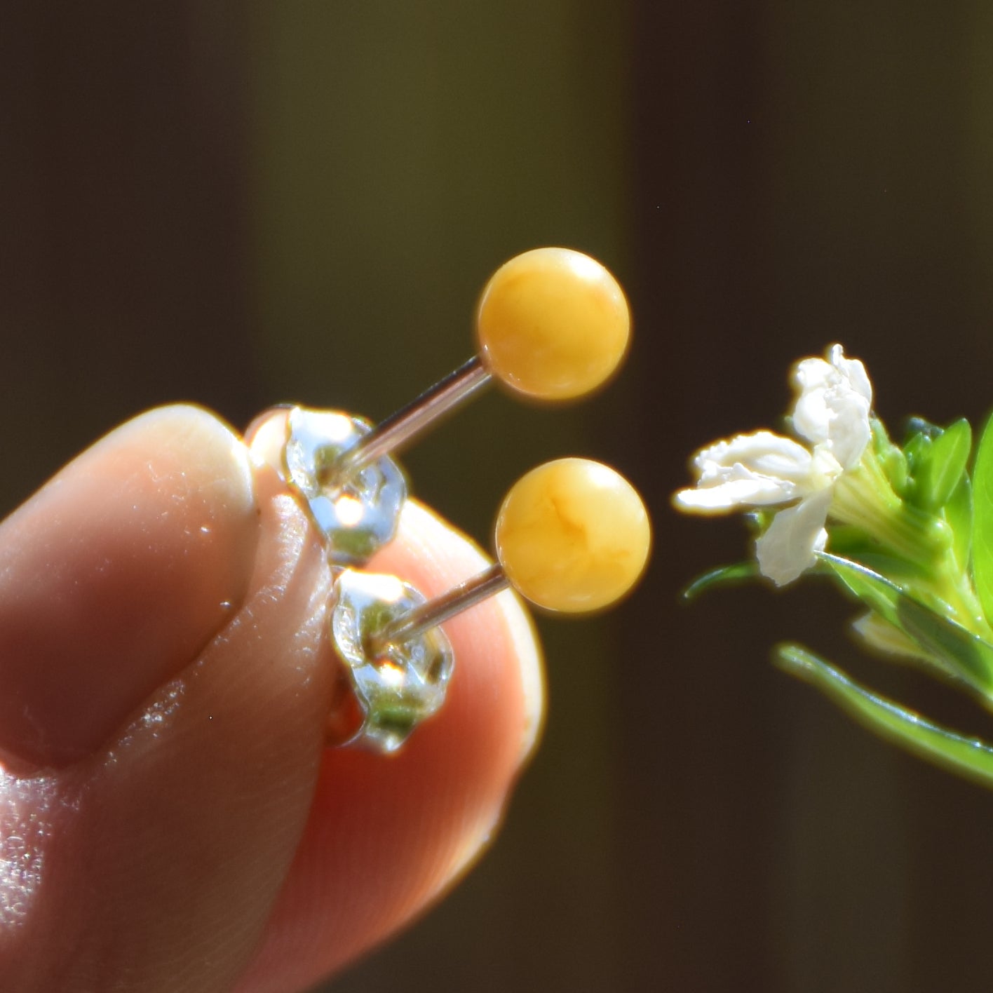 Essential earrings created with imperial natural Amber sphere and 925 Silver, MJ Baltica, BK235