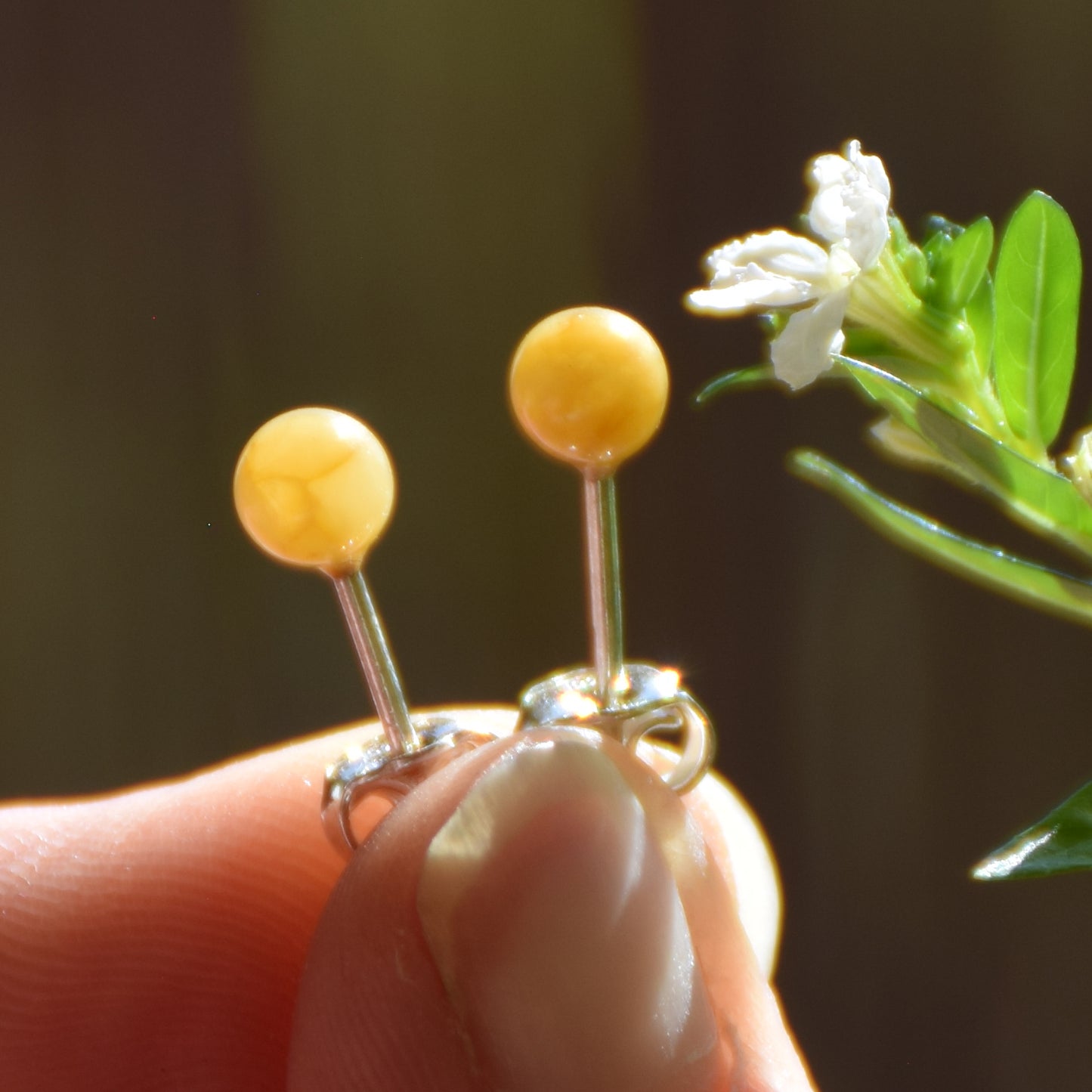Essential earrings created with imperial natural Amber sphere and 925 Silver, MJ Baltica, BK235