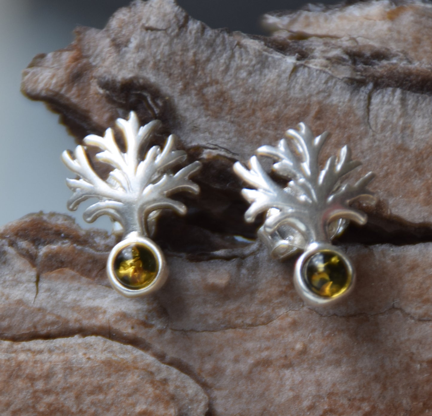 Bright Tree of Life earrings made with natural green Amber and 925 Silver, MJ Baltica, BK236